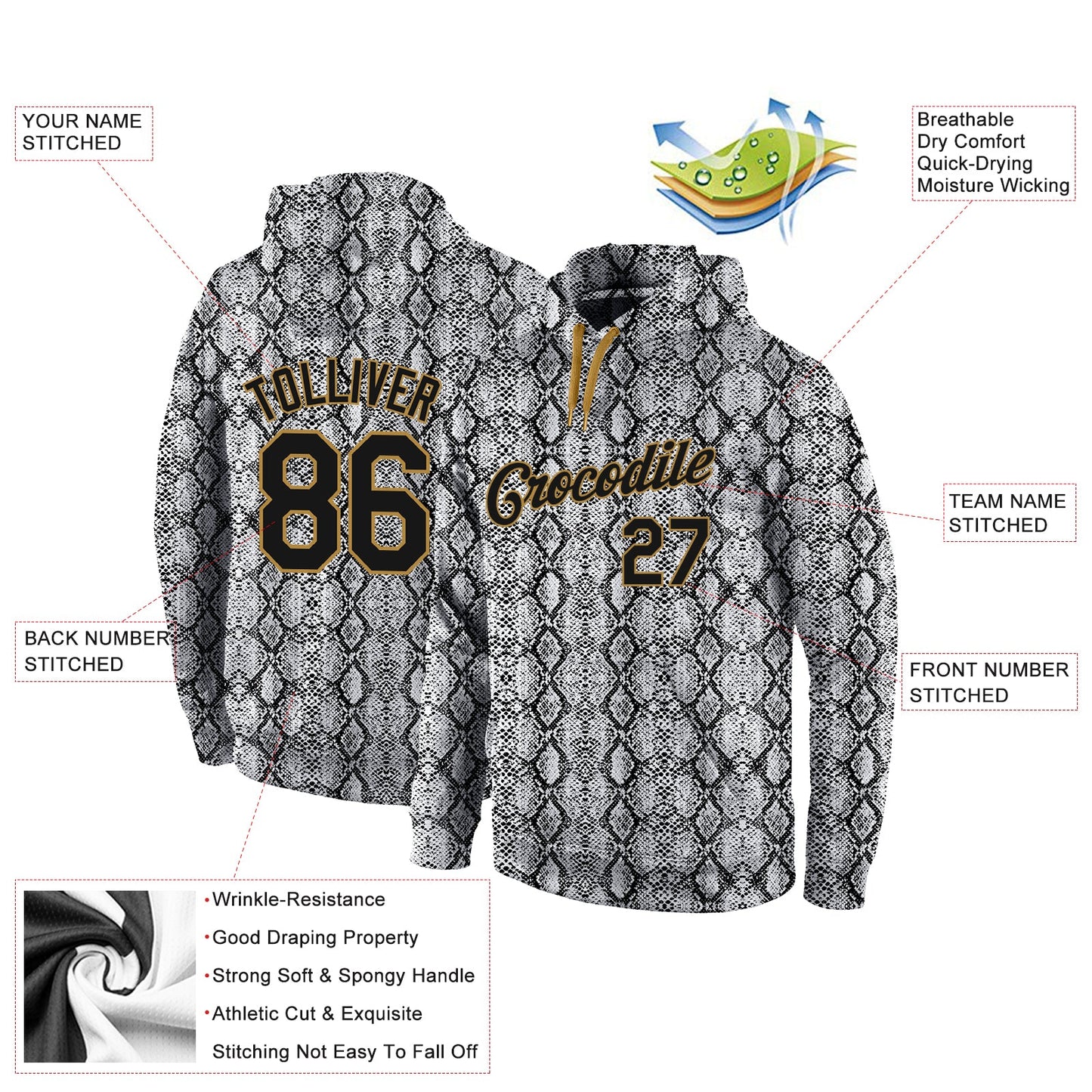 Custom Stitched Black Black-Old Gold 3D Pattern Design Snakeskin Sports Pullover Sweatshirt Hoodie view 2