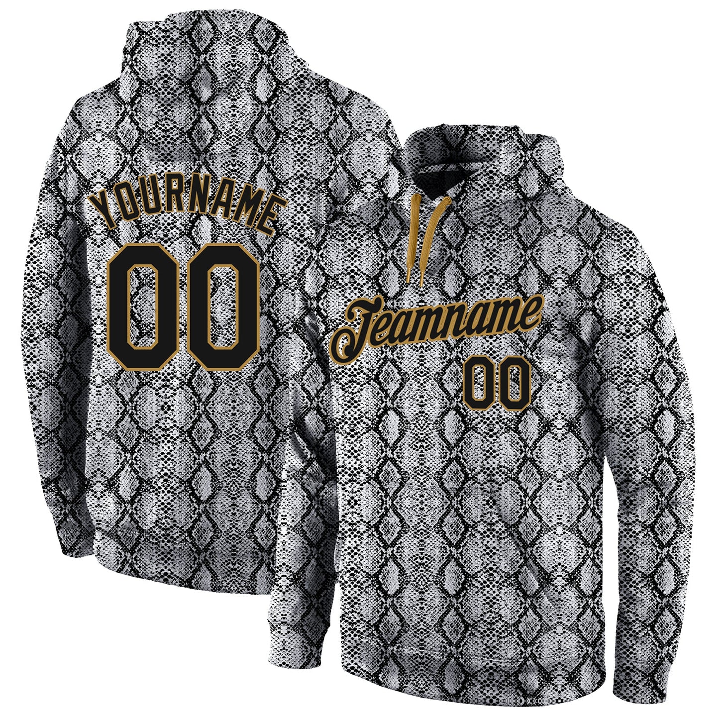 Custom Stitched Black Black-Old Gold 3D Pattern Design Snakeskin Sports Pullover Sweatshirt Hoodie - Main View