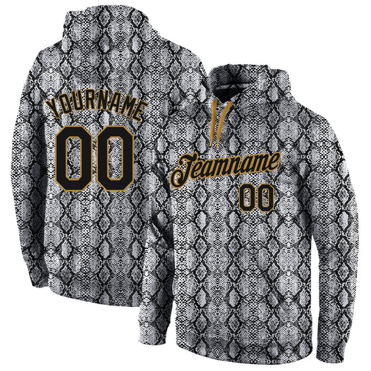 Custom Stitched Black Black-Old Gold 3D Pattern Design Snakeskin Sports Pullover Sweatshirt Hoodie - Main View