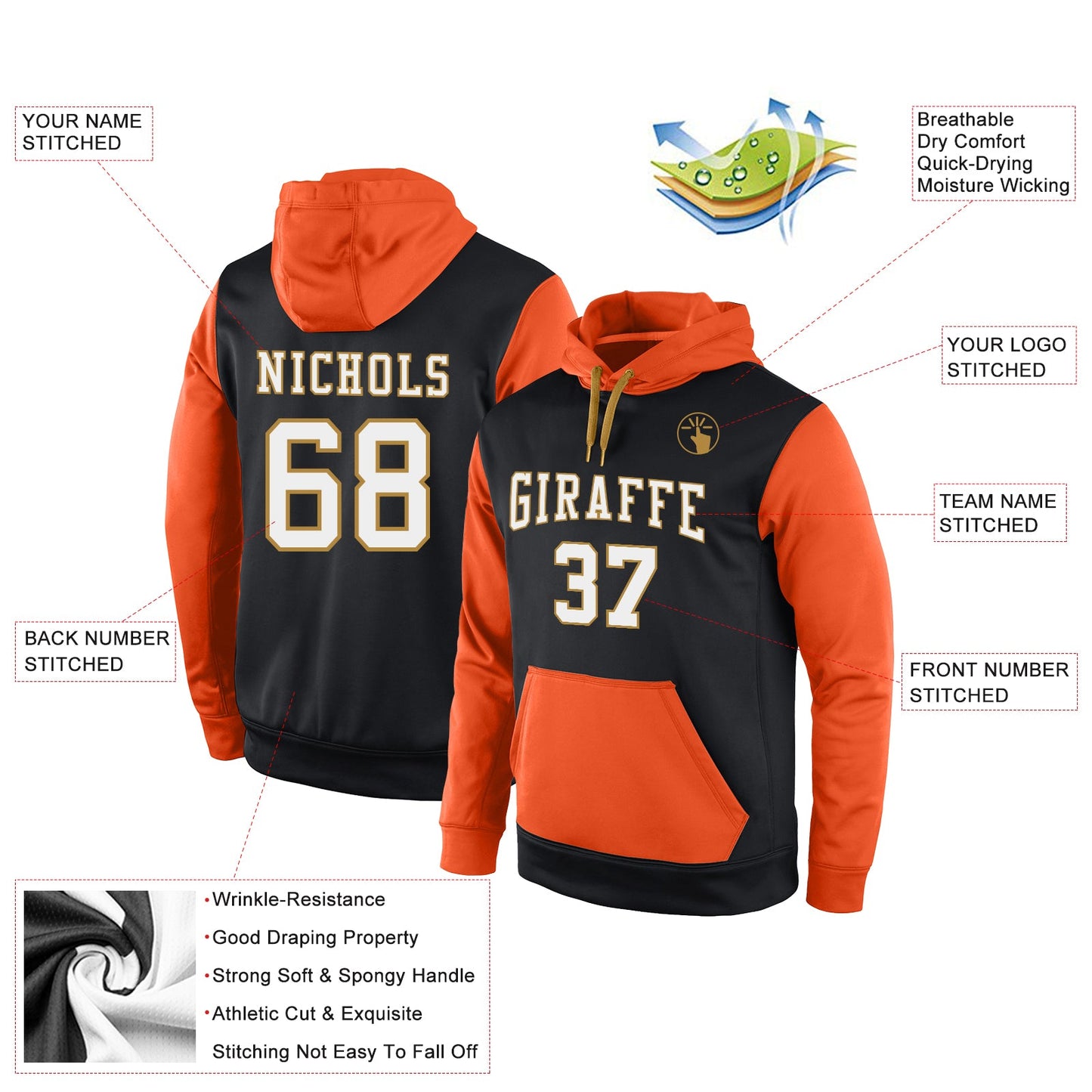Custom Stitched Black White-Orange Sports Pullover Sweatshirt Hoodie view 2