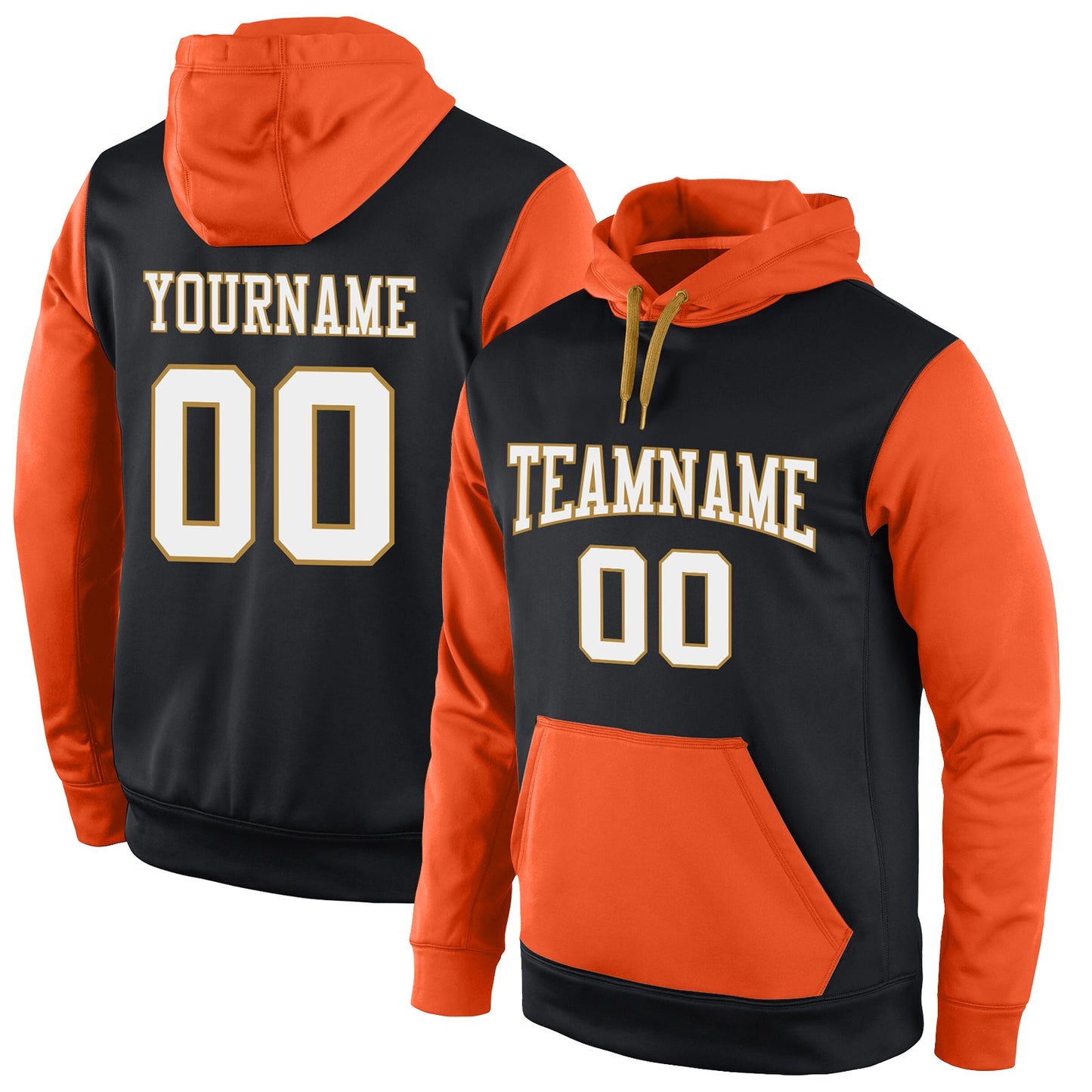 Custom Stitched Black White-Orange Sports Pullover Sweatshirt Hoodie - Main View