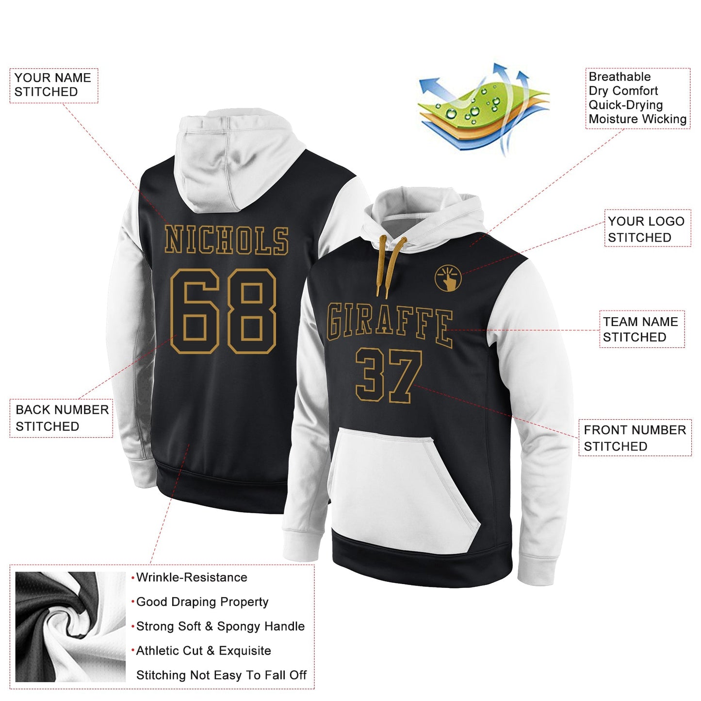 Custom Stitched Black Black-White Sports Pullover Sweatshirt Hoodie view 2