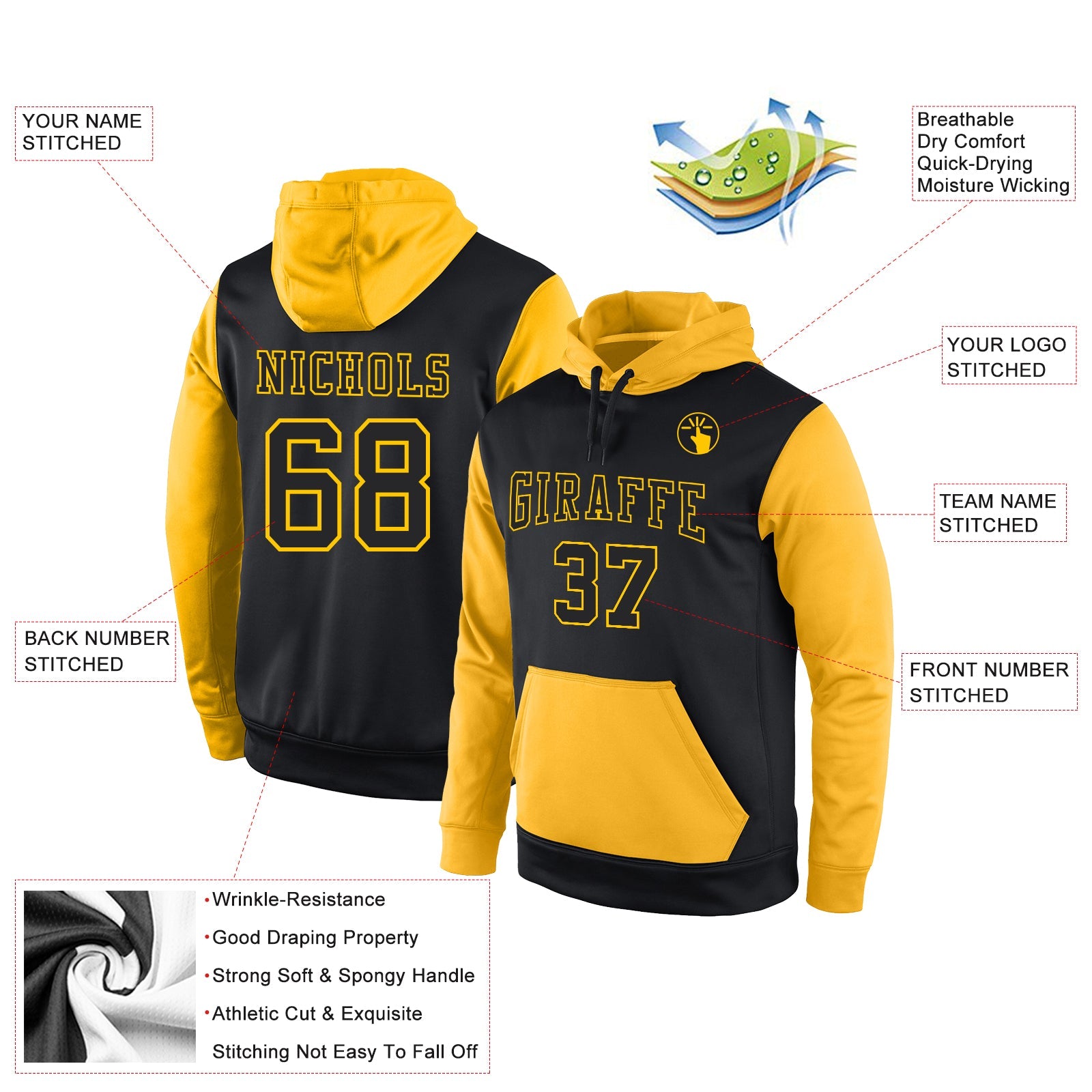 Custom Stitched Black Black-Gold Sports Pullover Sweatshirt Hoodie view 2
