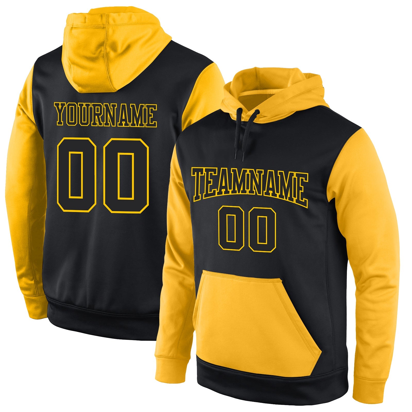Custom Stitched Black Black-Gold Sports Pullover Sweatshirt Hoodie - Main View