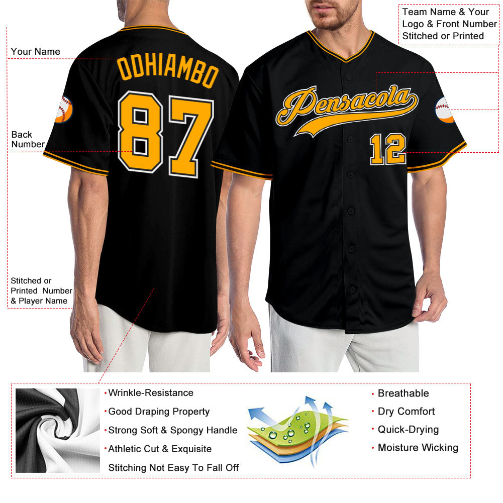 Custom Black Gold-White Authentic Baseball Jersey view 3