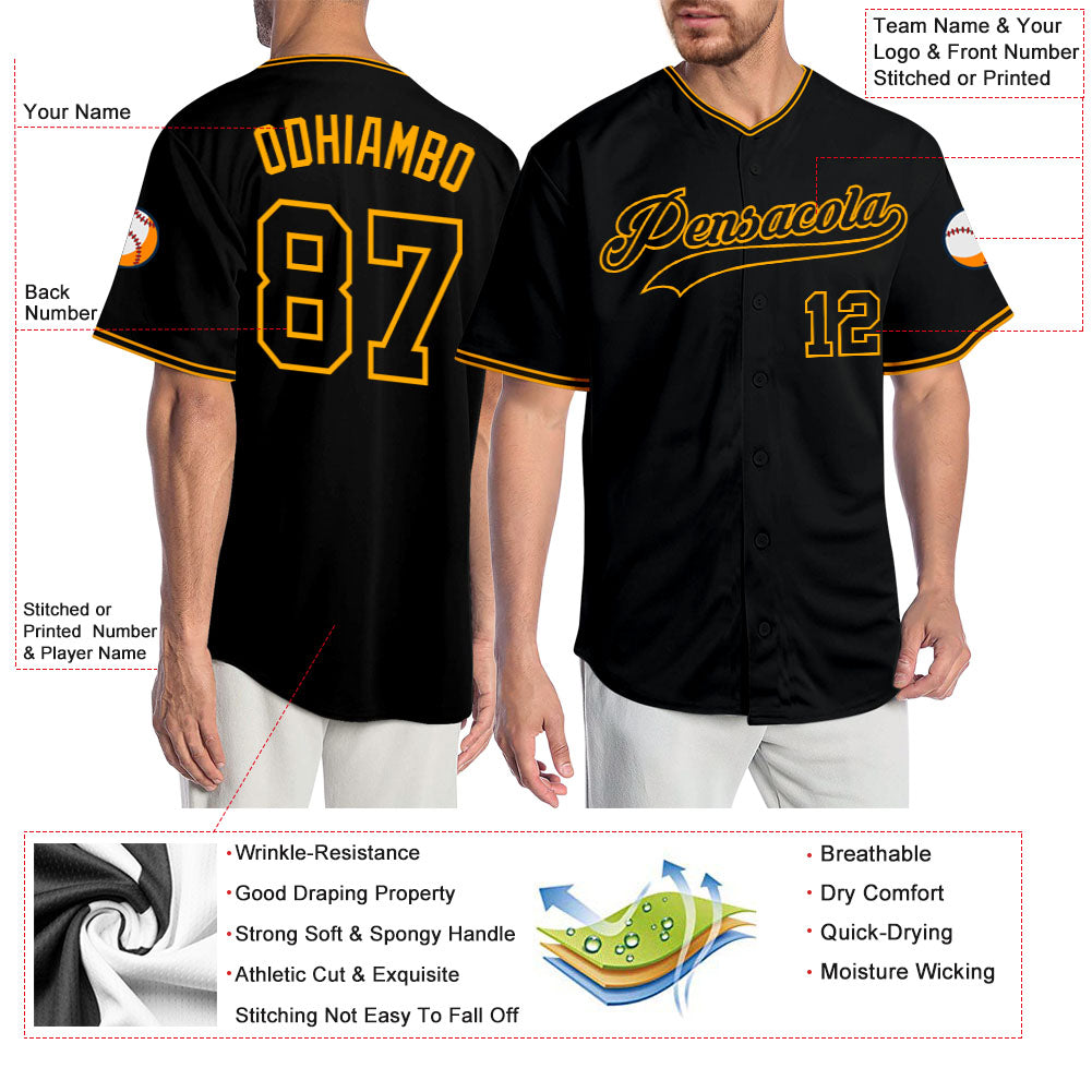 Custom Black Black-Gold Authentic Baseball Jersey view 3