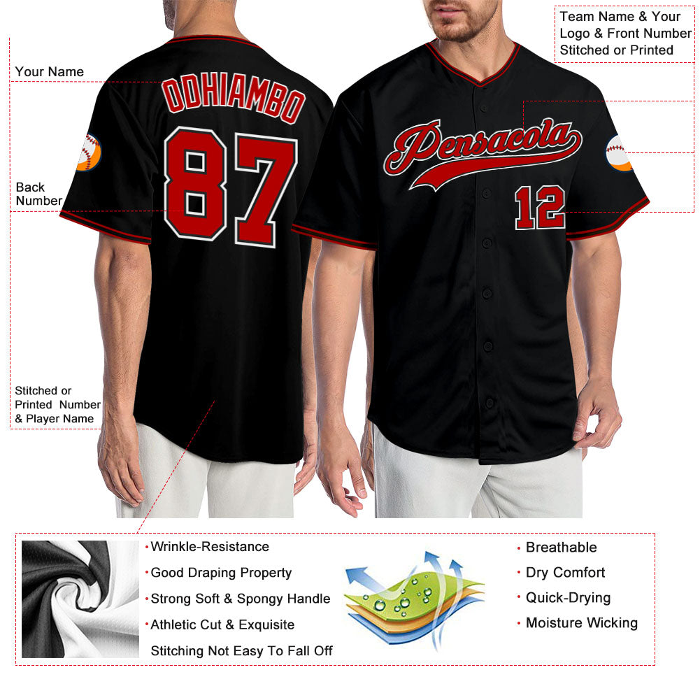 Custom Black Red-White Authentic Baseball Jersey view 3