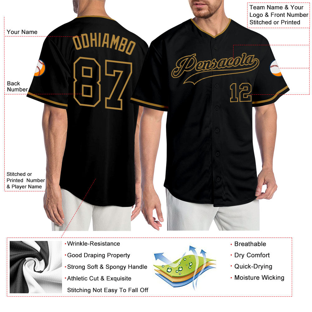 Custom Black Black-Old Gold Authentic Baseball Jersey view 3
