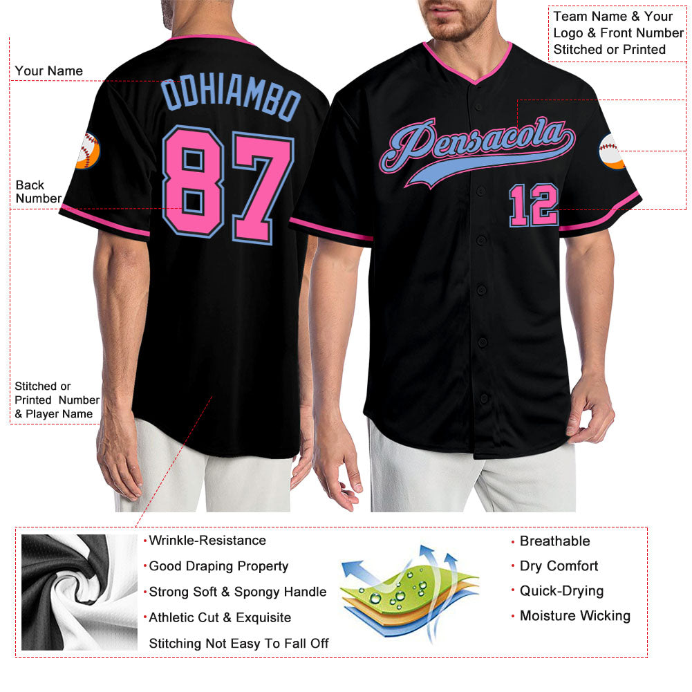 Custom Black Pink-Light Blue Authentic Baseball Jersey view 3