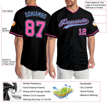 Custom Black Pink-Light Blue Authentic Baseball Jersey view 3