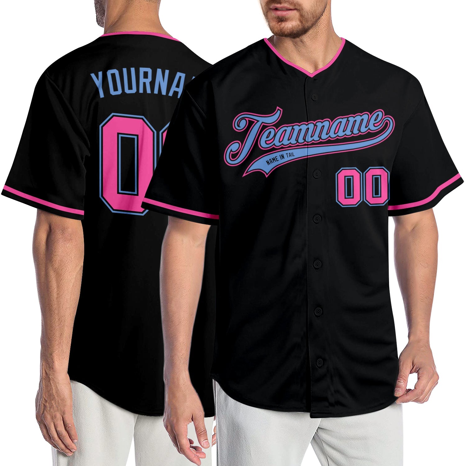 Custom Black Pink-Light Blue Authentic Baseball Jersey - Main View