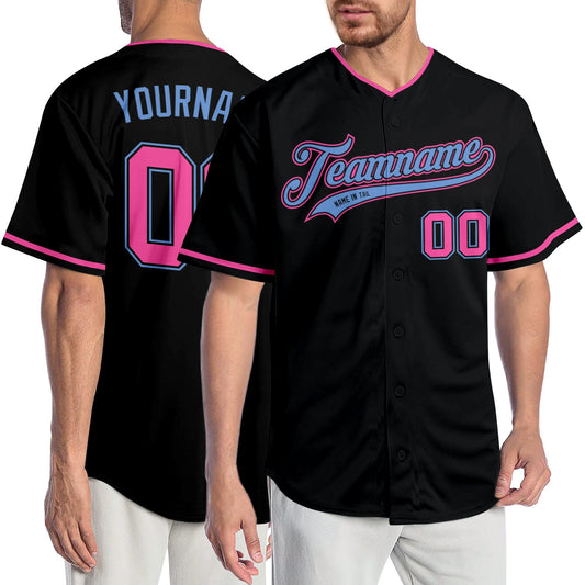 Custom Black Pink-Light Blue Authentic Baseball Jersey - Main View