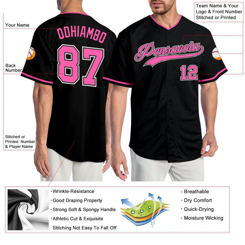 Custom Black Pink-White Authentic Baseball Jersey view 3
