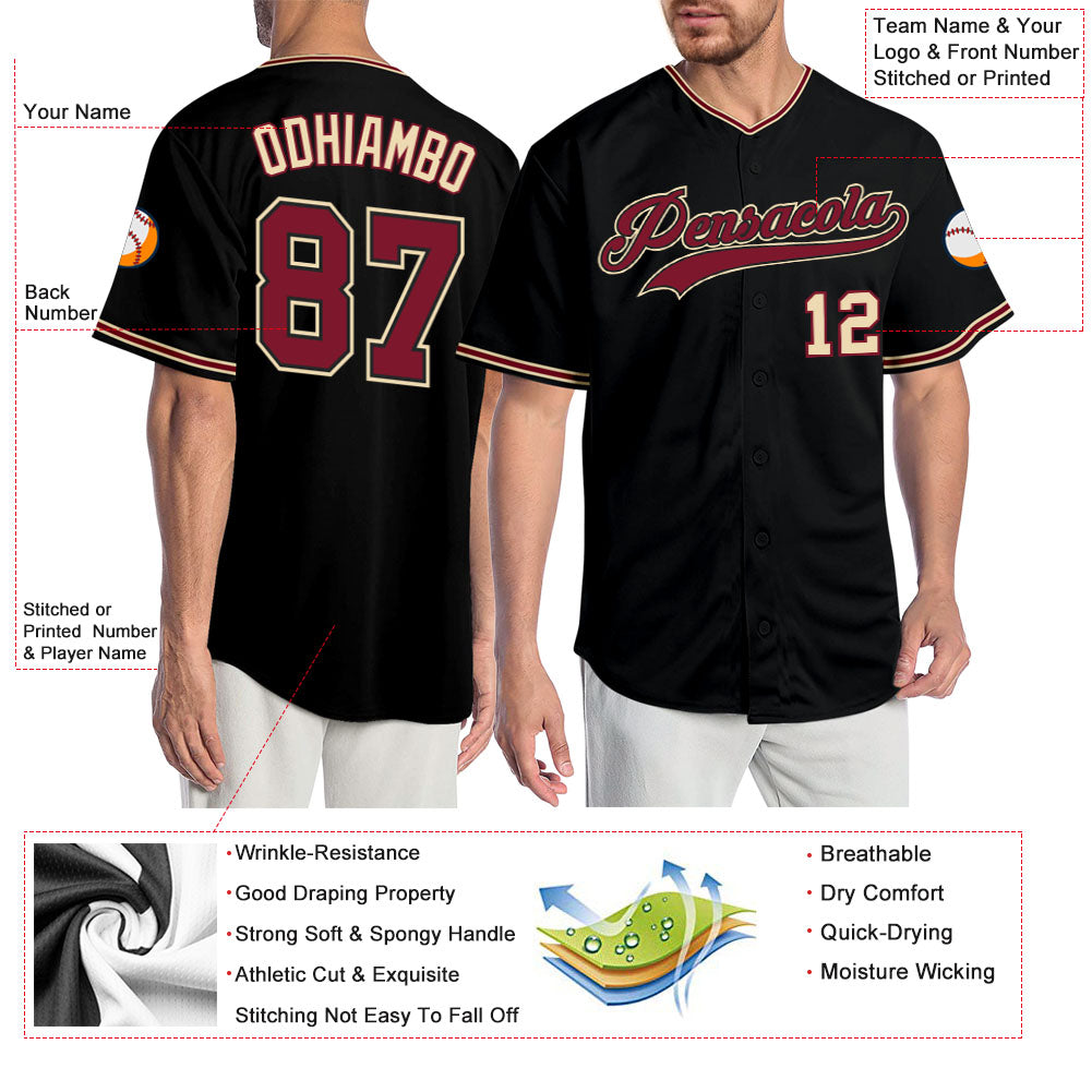 Custom Black Crimson-City Cream Authentic Baseball Jersey view 3