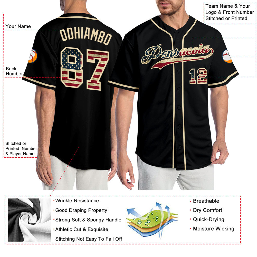 Custom Black Vintage USA Flag-Cream Authentic Baseball Jersey view 3