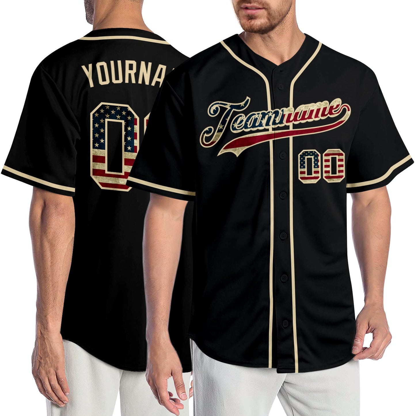 Custom Black Vintage USA Flag-Cream Authentic Baseball Jersey - Main View