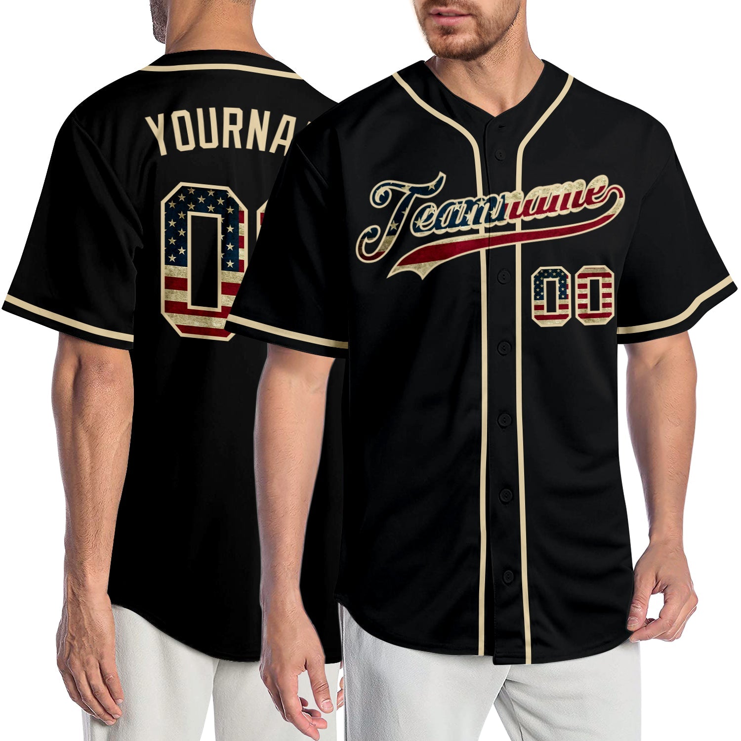 Custom Black Vintage USA Flag-Cream Authentic Baseball Jersey - Main View