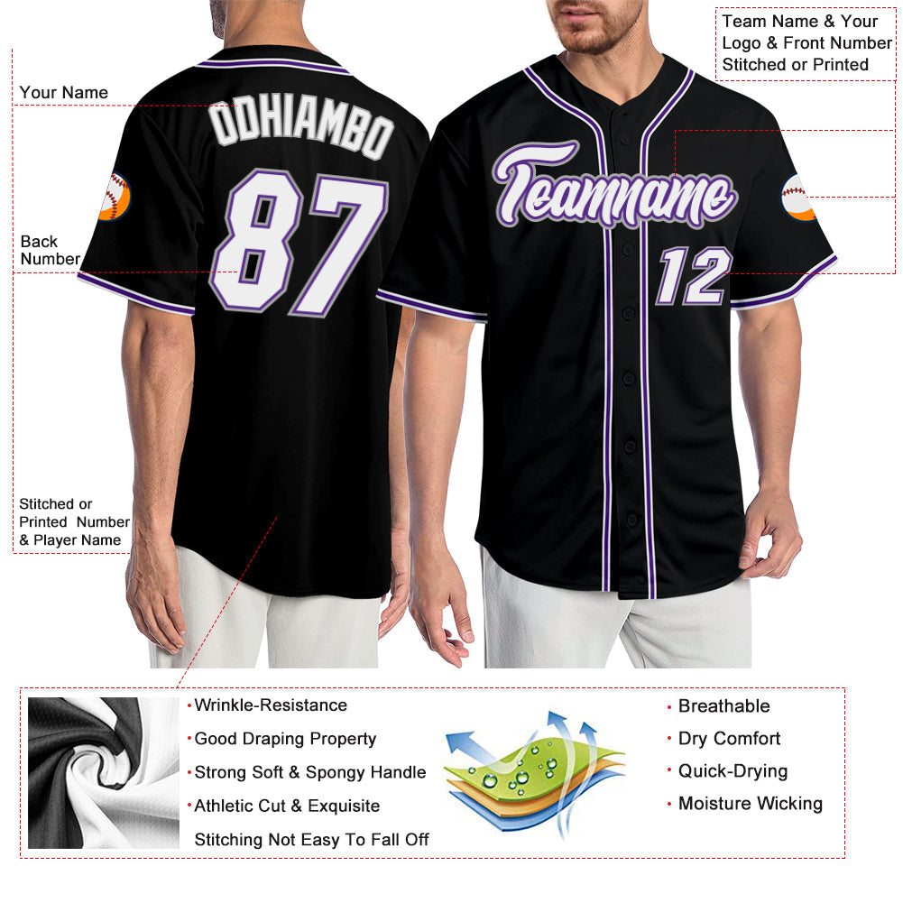 Custom Black White-Purple Authentic Baseball Jersey view 3