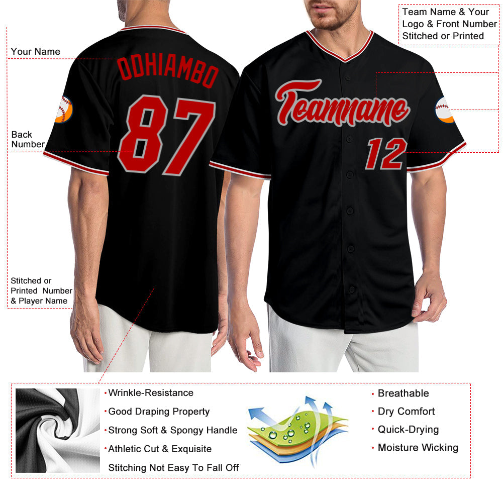 Custom Black Red-Gray Authentic Baseball Jersey view 3