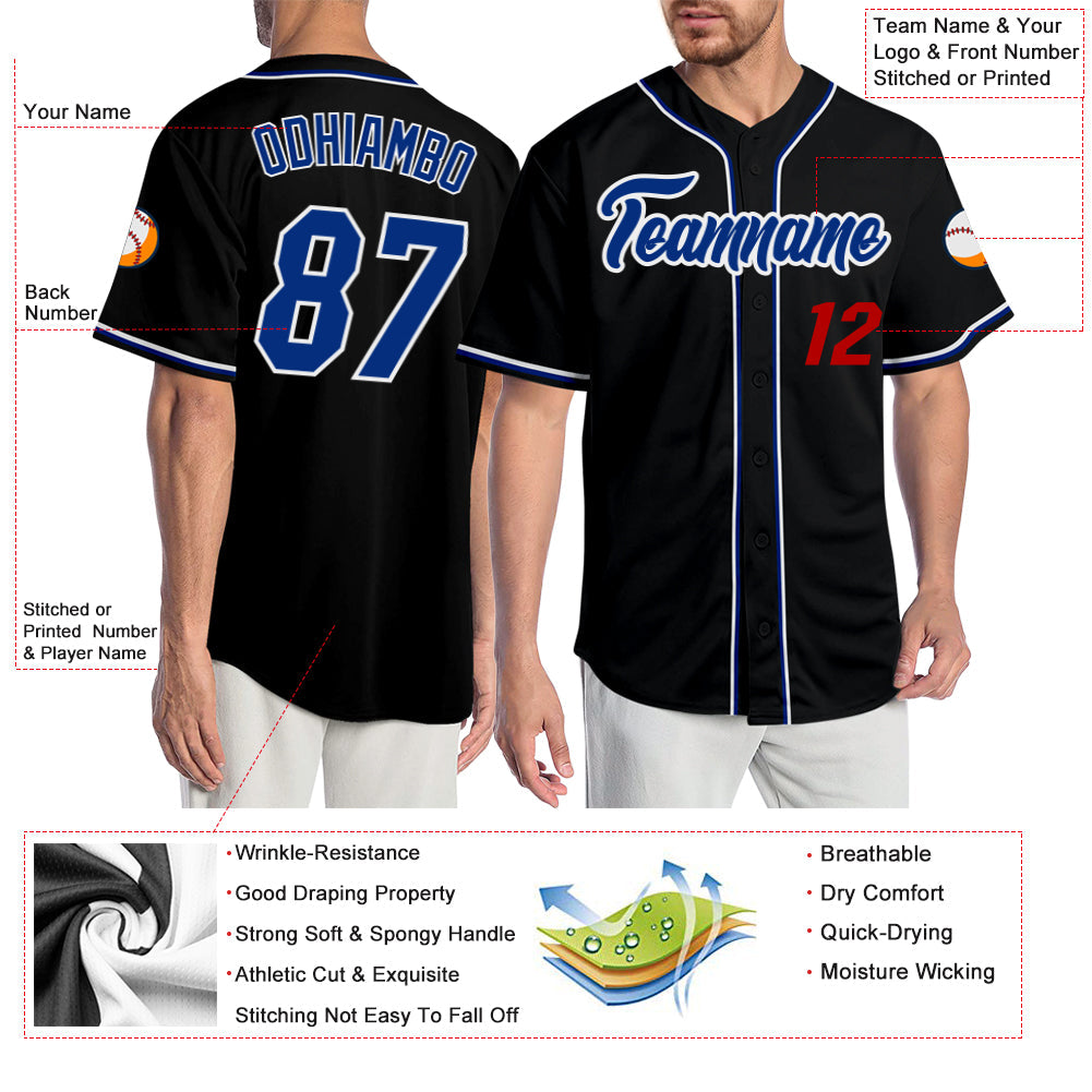 Custom Black Royal-Red Authentic Baseball Jersey view 3