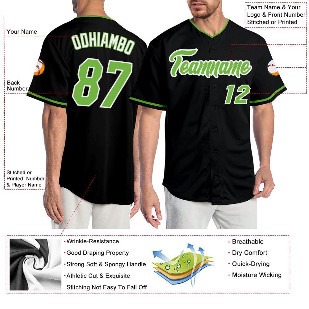 Custom Black Neon Green-White Authentic Baseball Jersey view 3