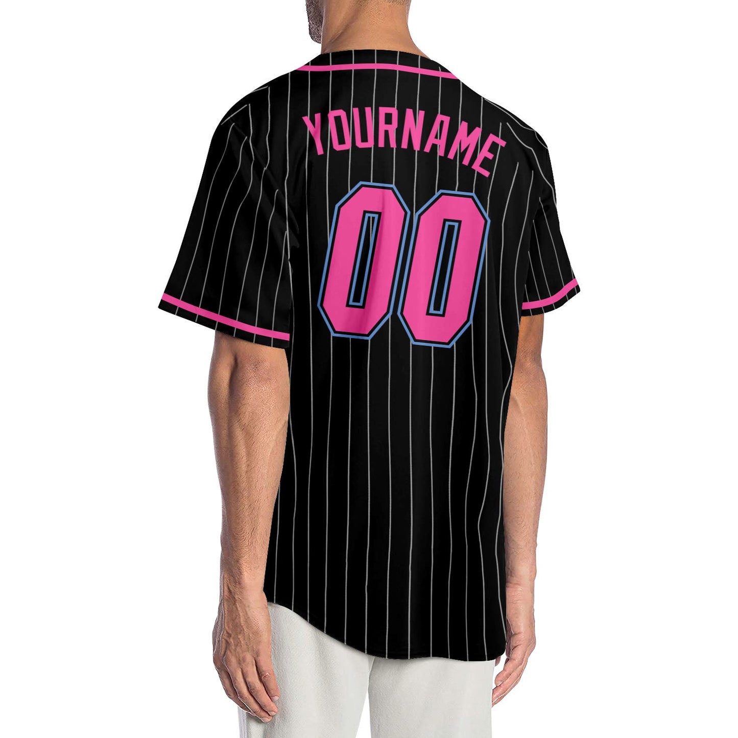 Custom Black White Pinstripe Pink-Light Blue Authentic Baseball Jersey view 2