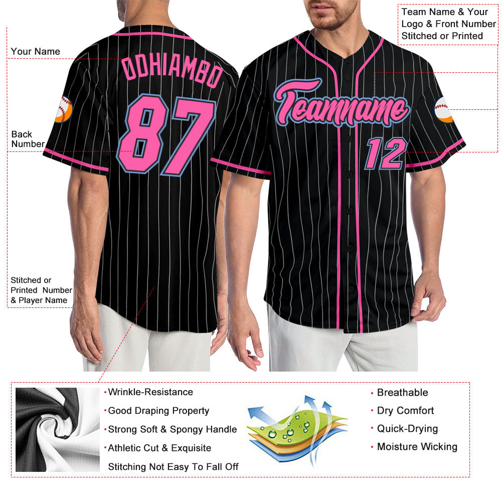Custom Black White Pinstripe Pink-Light Blue Authentic Baseball Jersey view 3