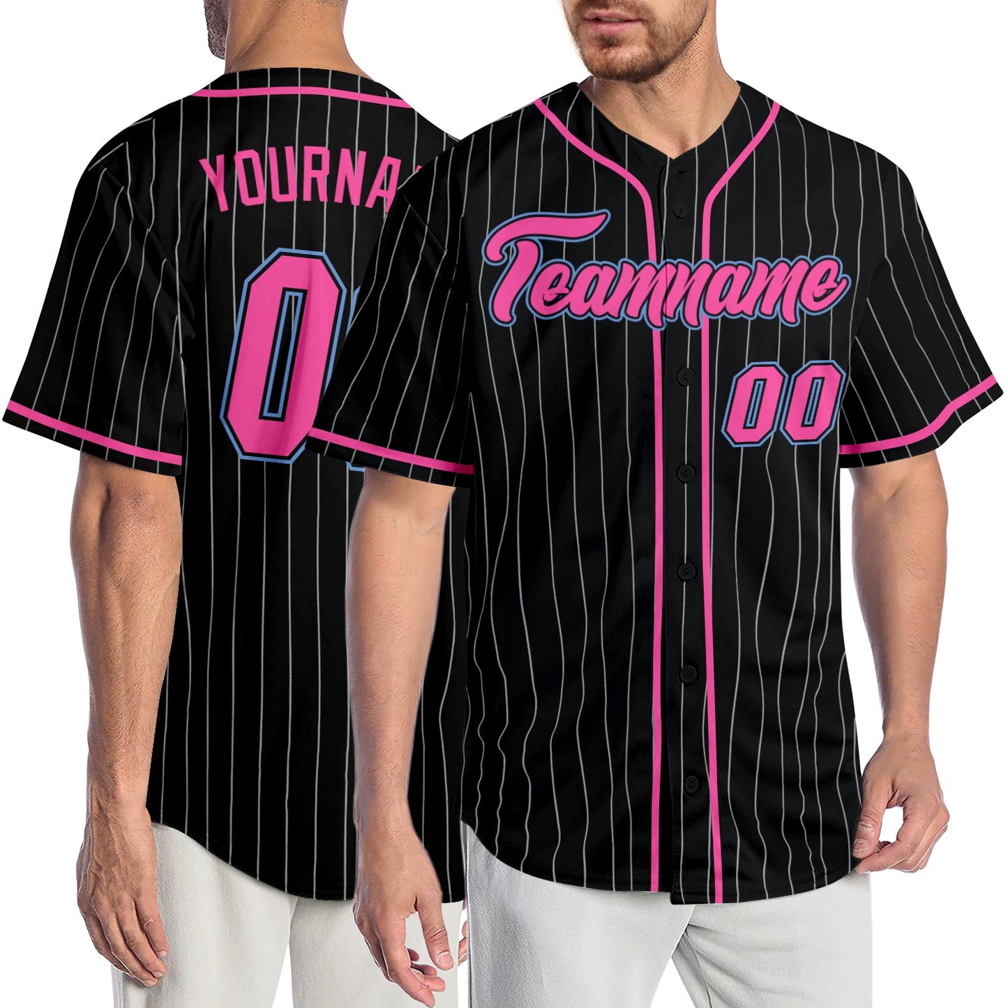 Custom Black White Pinstripe Pink-Light Blue Authentic Baseball Jersey - Main View