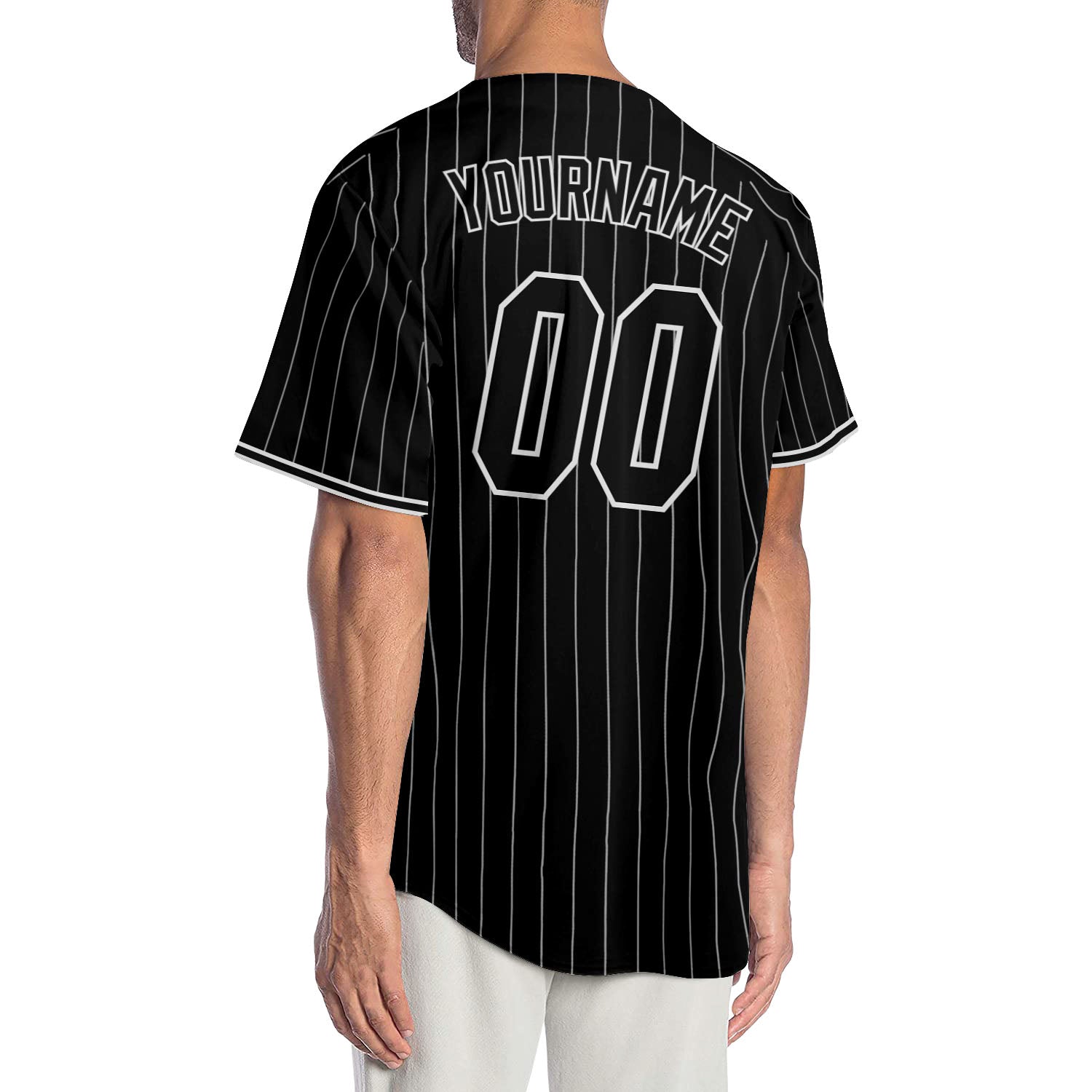 Custom Black White Pinstripe Black-White Authentic Baseball Jersey view 2