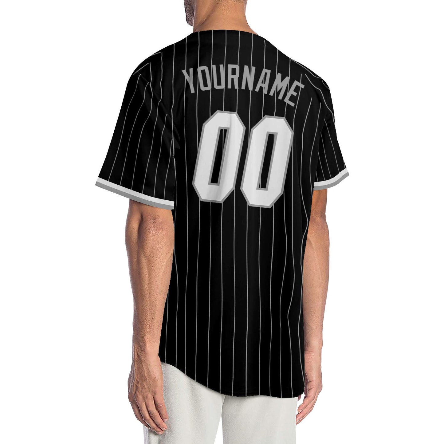 Custom Black Gray Pinstripe White-Gray Authentic Baseball Jersey view 2