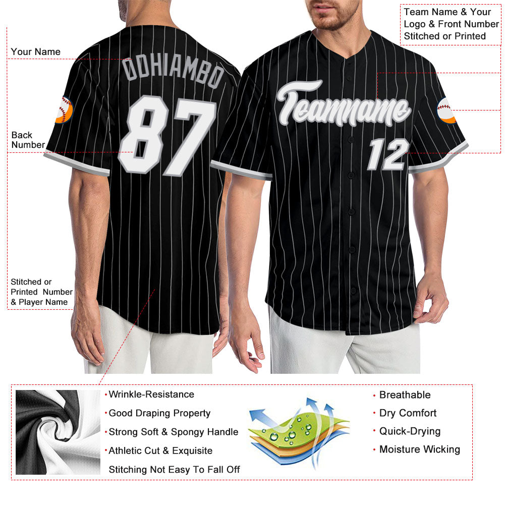 Custom Black Gray Pinstripe White-Gray Authentic Baseball Jersey view 3