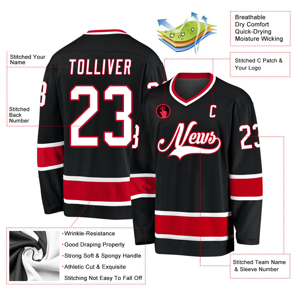 Custom Black White-Red Hockey Jersey view 2