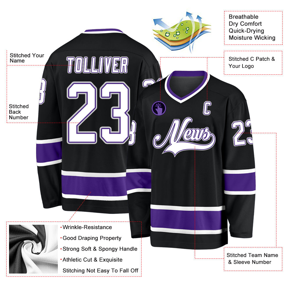 Custom Black White-Purple Hockey Jersey view 2