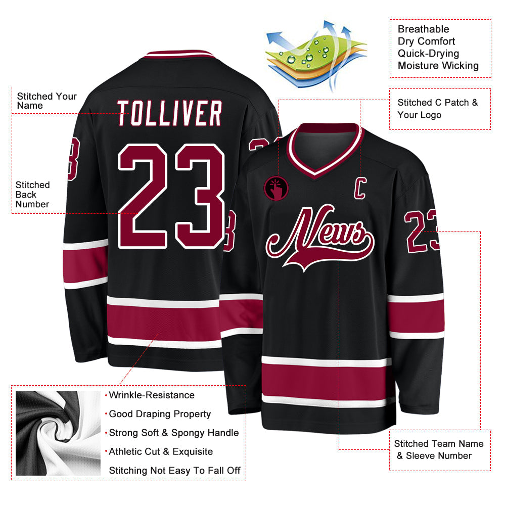 Custom Black Maroon-White Hockey Jersey view 2