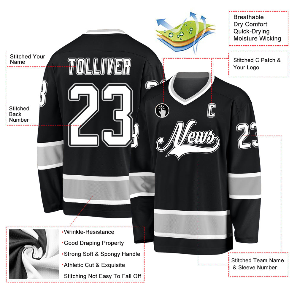 Custom Black White-Gray Hockey Jersey view 2