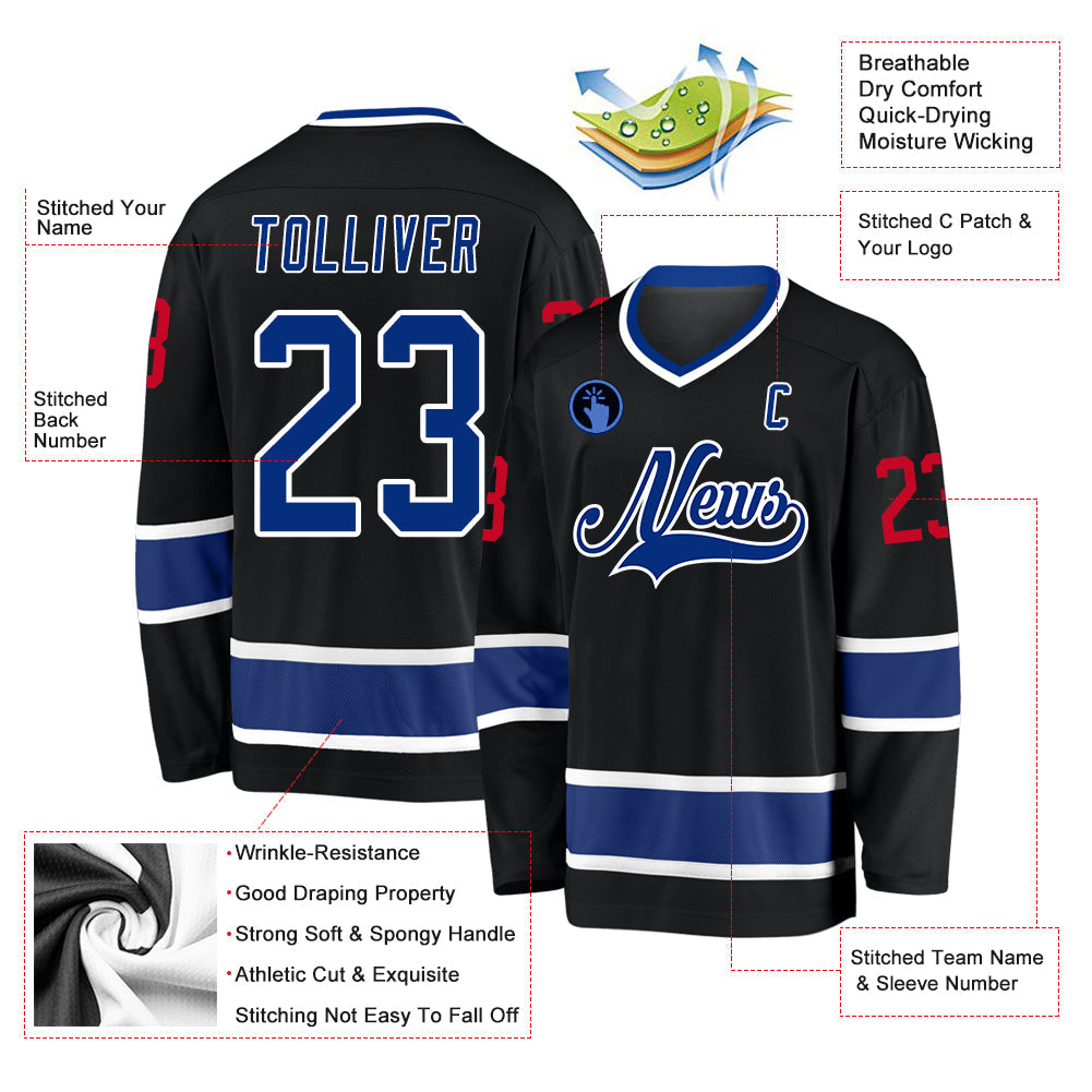 Custom Black Royal-Red Hockey Jersey view 2