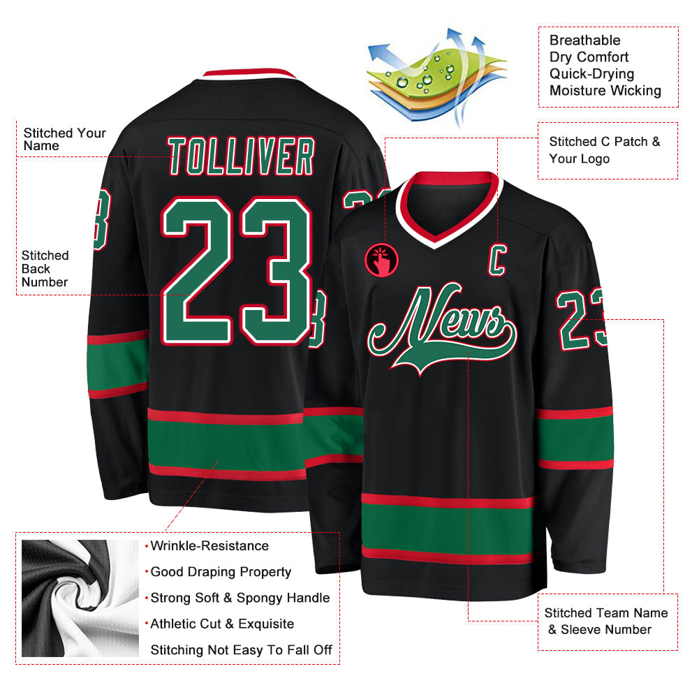 Custom Black Kelly Green-Red Hockey Jersey view 2