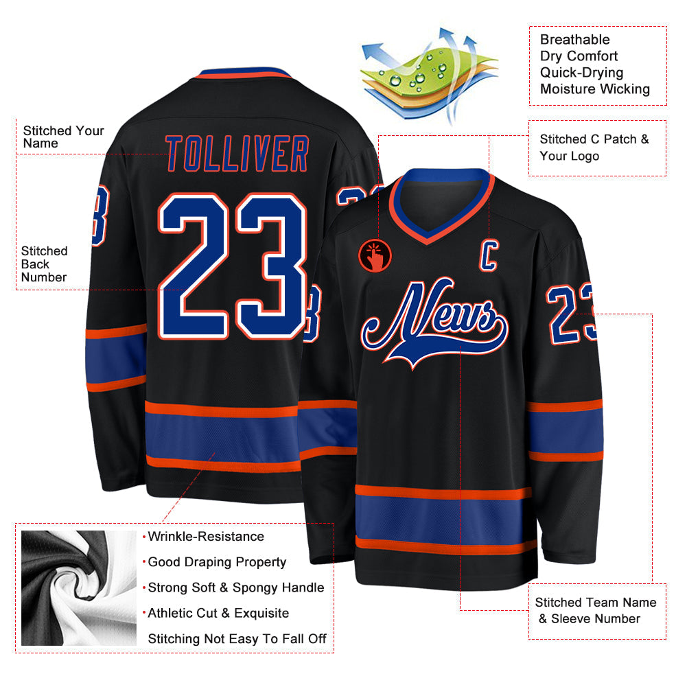 Custom Black Royal-Orange Hockey Jersey view 2