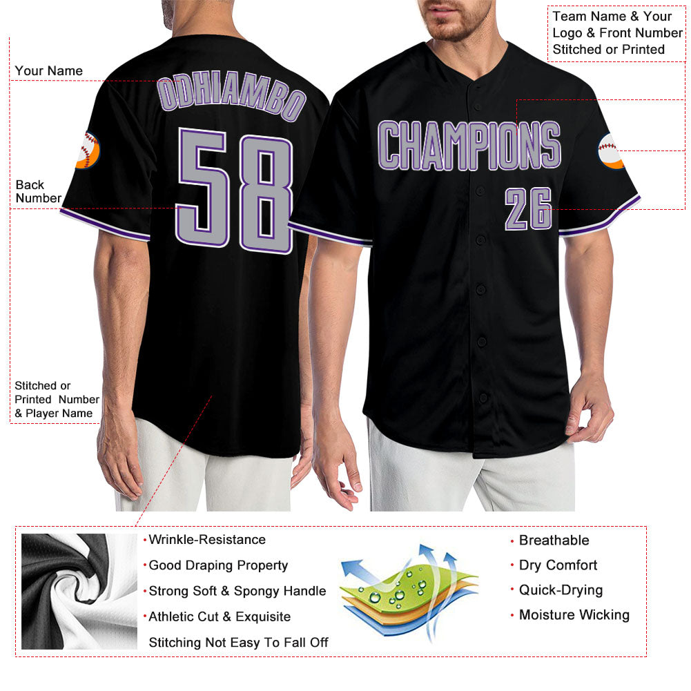 Custom Black Gray-Purple Authentic Baseball Jersey view 3