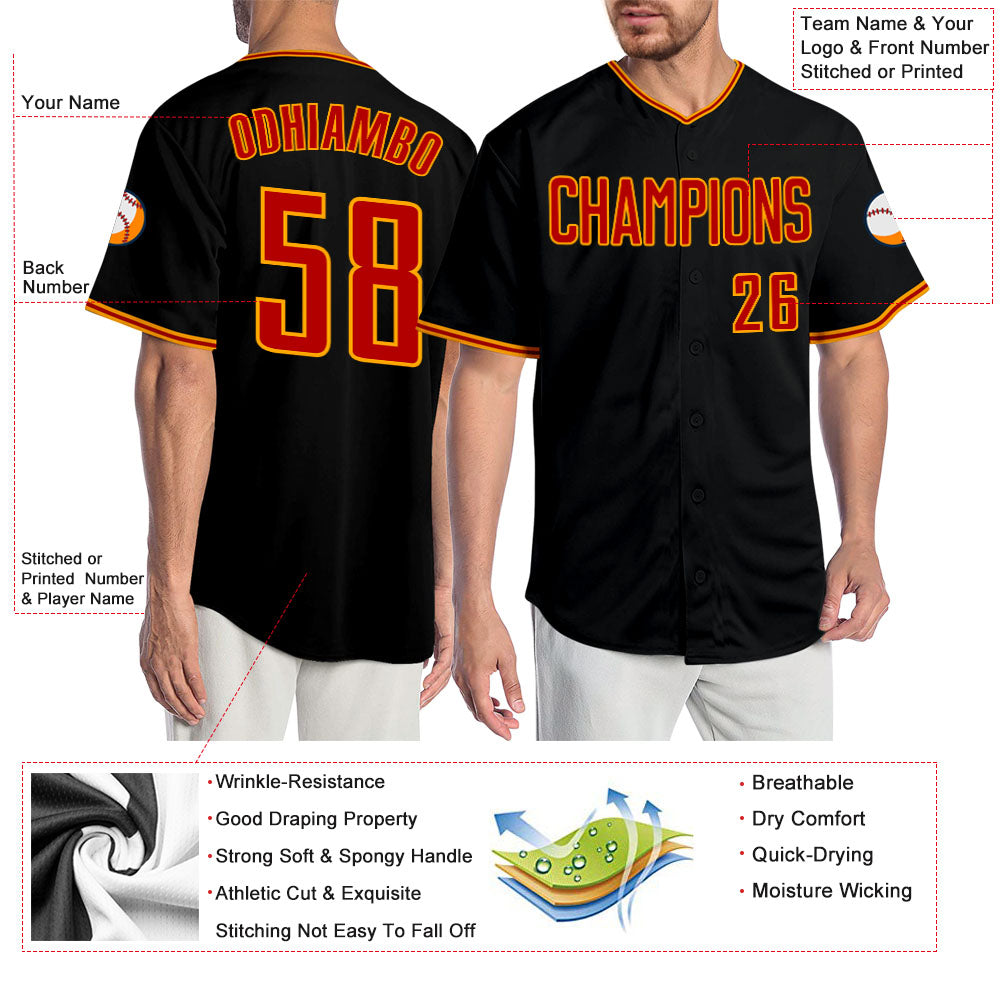 Custom Black Red-Gold Authentic Baseball Jersey view 3