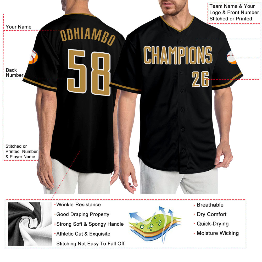Custom Black Old Gold-White Authentic Baseball Jersey view 3