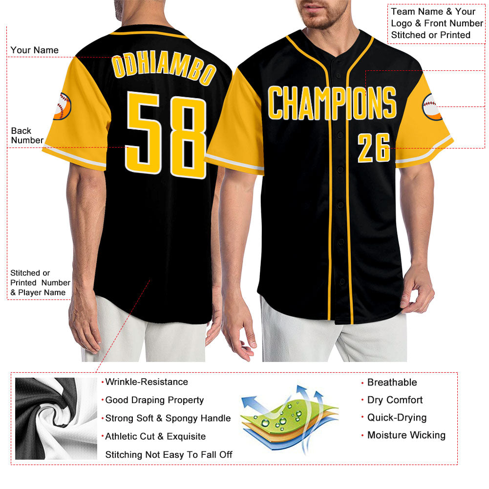 Custom Black Gold-White Authentic Two Tone Baseball Jersey view 3