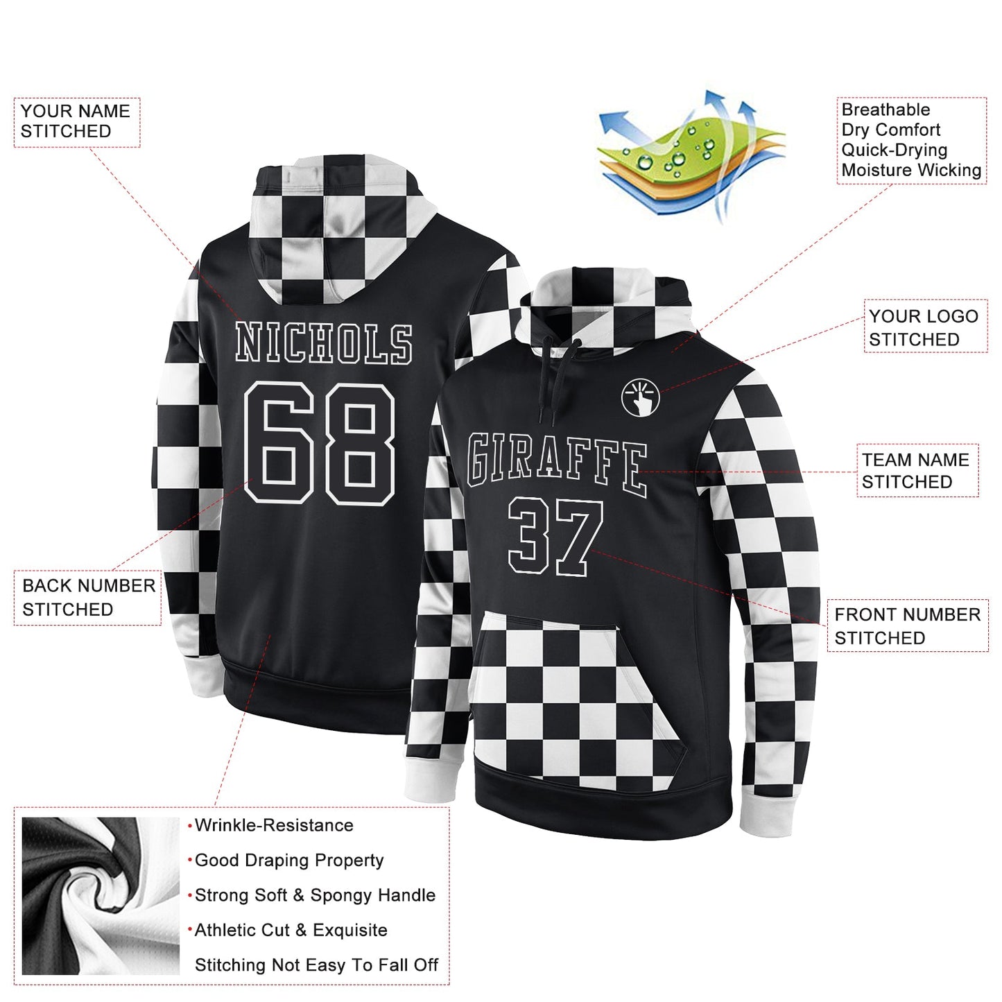 Custom Stitched Black Black-White Sports Pullover Sweatshirt Hoodie view 2