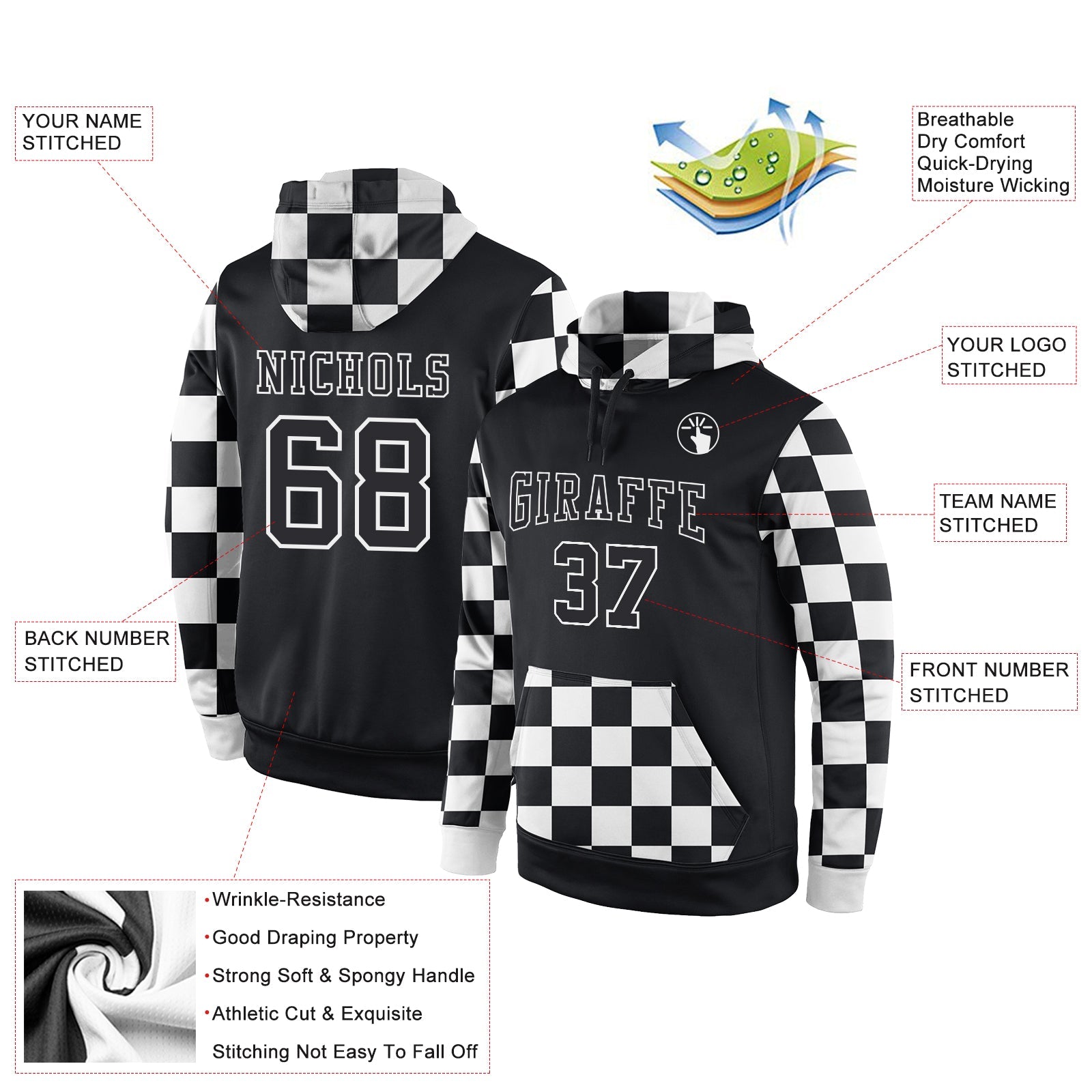 Custom Stitched Black Black-White Sports Pullover Sweatshirt Hoodie view 2
