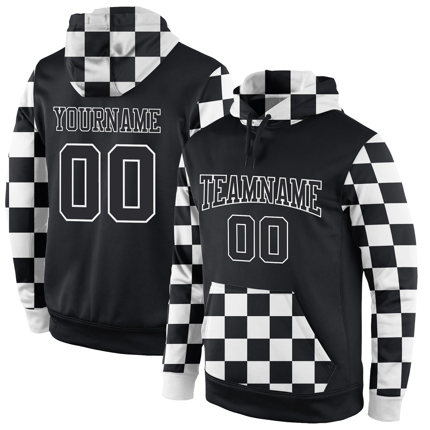 Custom Stitched Black Black-White Sports Pullover Sweatshirt Hoodie - Main View