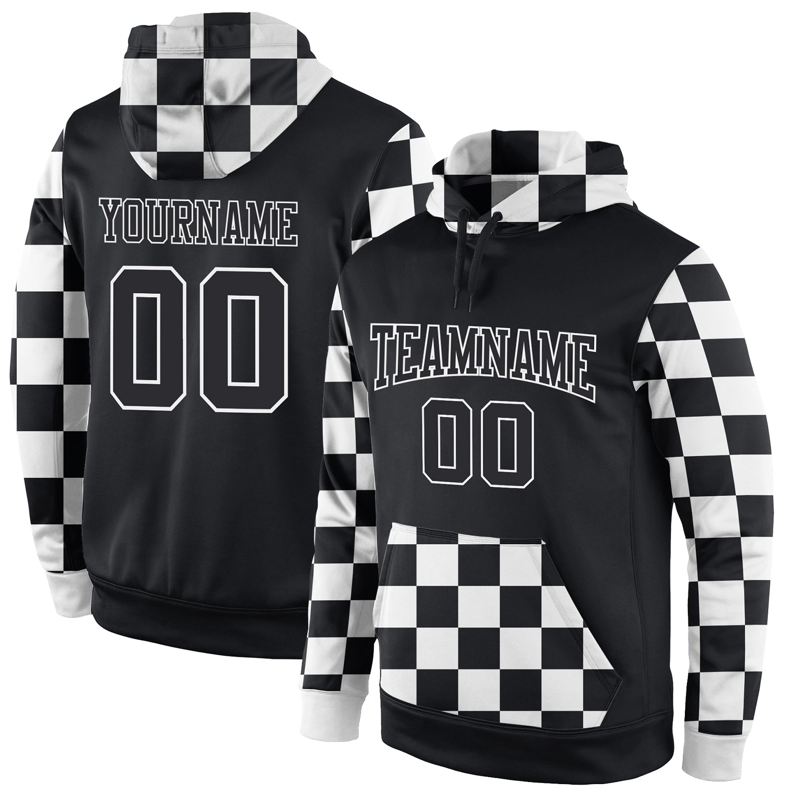 Custom Stitched Black Black-White Sports Pullover Sweatshirt Hoodie - Main View