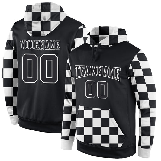 Custom Stitched Black Black-White Sports Pullover Sweatshirt Hoodie - Main View