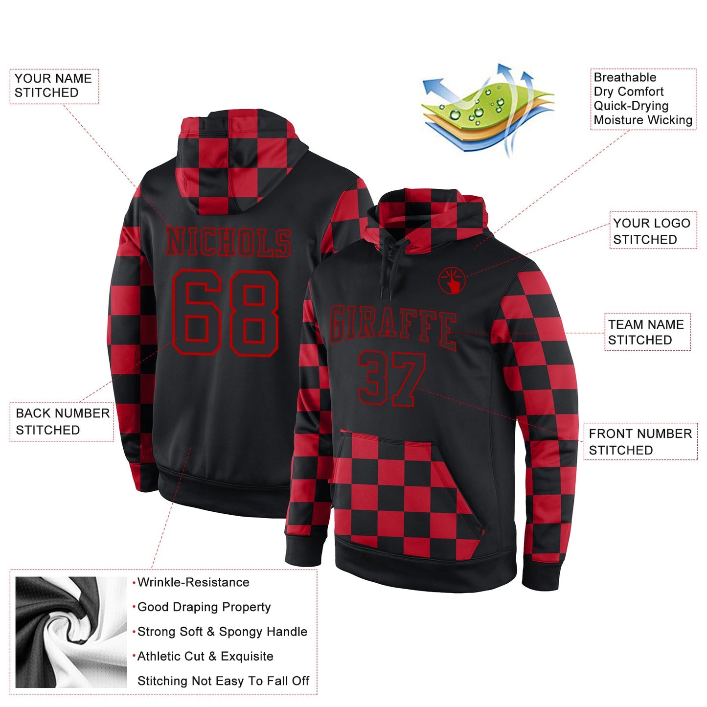 Custom Stitched Black Black-Red Sports Pullover Sweatshirt Hoodie view 2