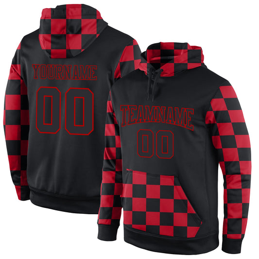 Custom Stitched Black Black-Red Sports Pullover Sweatshirt Hoodie - Main View