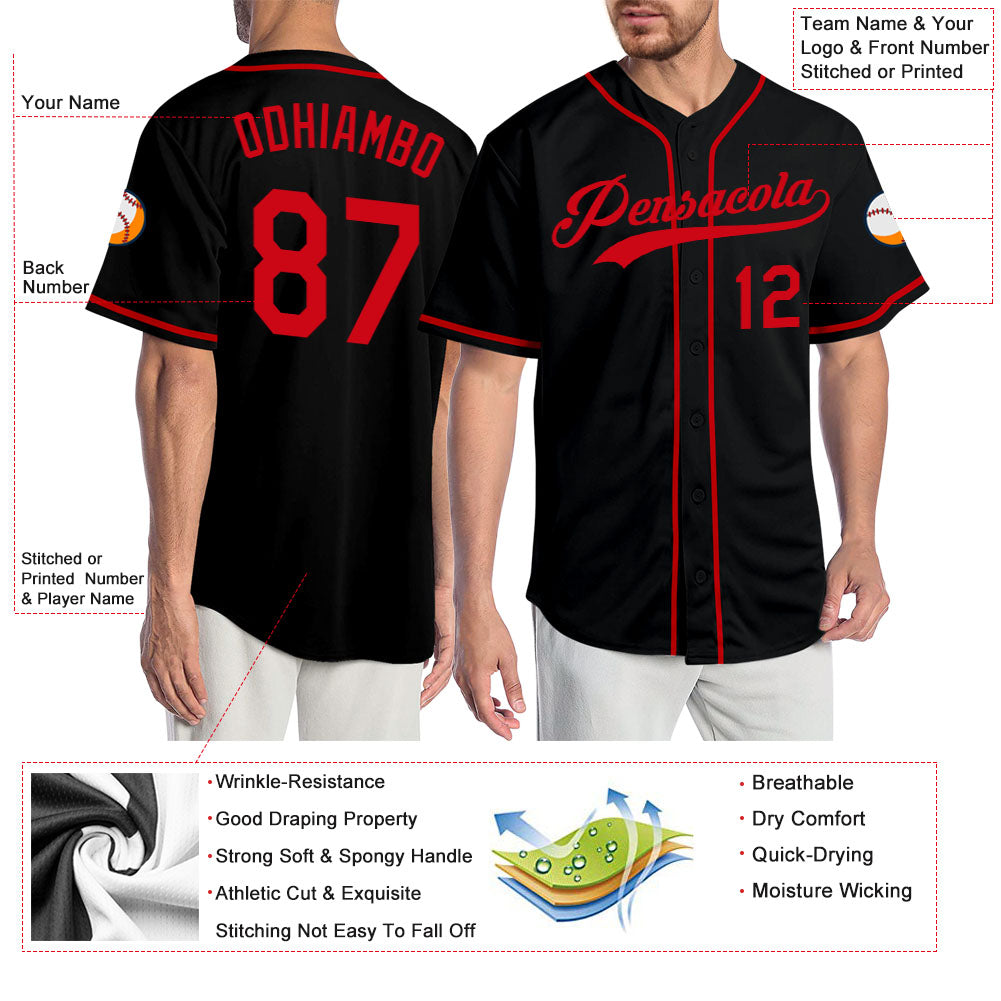 Custom Black Red Authentic Baseball Jersey view 3